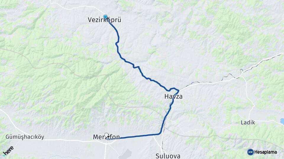 Samsun Vezirköprü Merzifon Amasya Arası Kaç Km - Yol Haritası