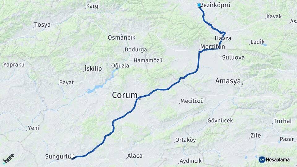 Samsun Vezirköprü Sungurlu Çorum Arası Kaç Km - Yol Haritası