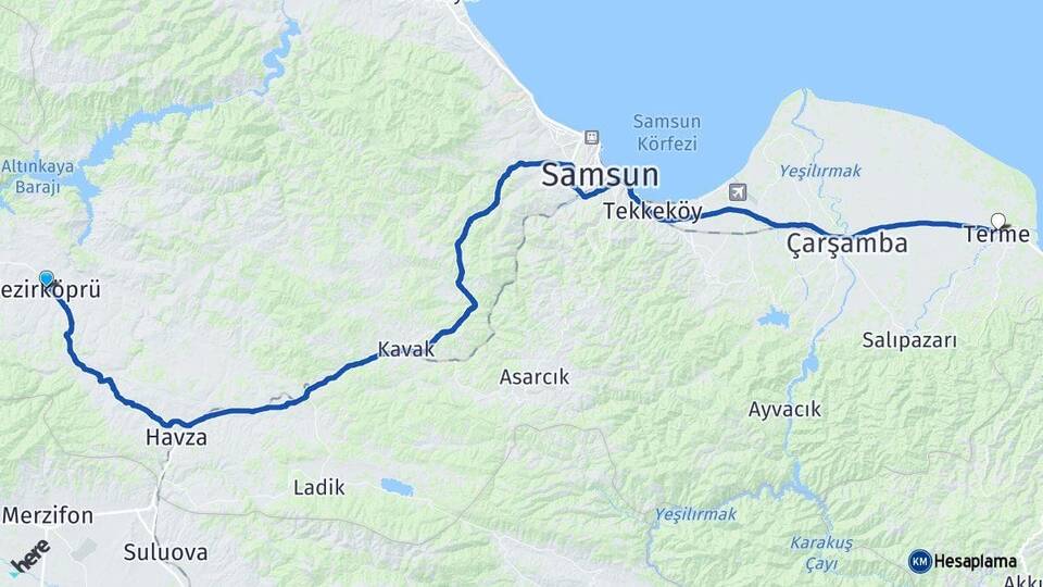 Samsun Vezirköprü Terme Arası Kaç Km - Yol Haritası