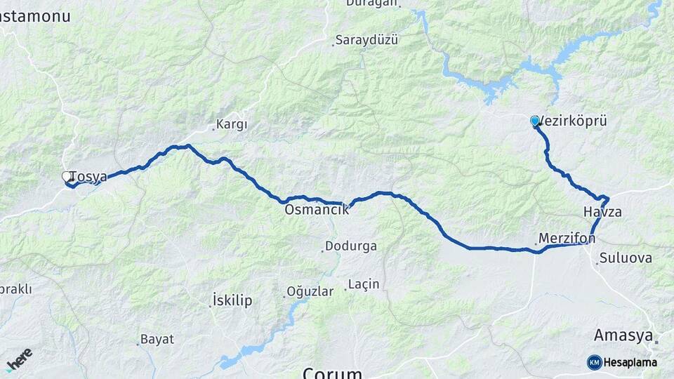 Samsun Vezirköprü Tosya Kastamonu Arası Kaç Km - Yol Haritası