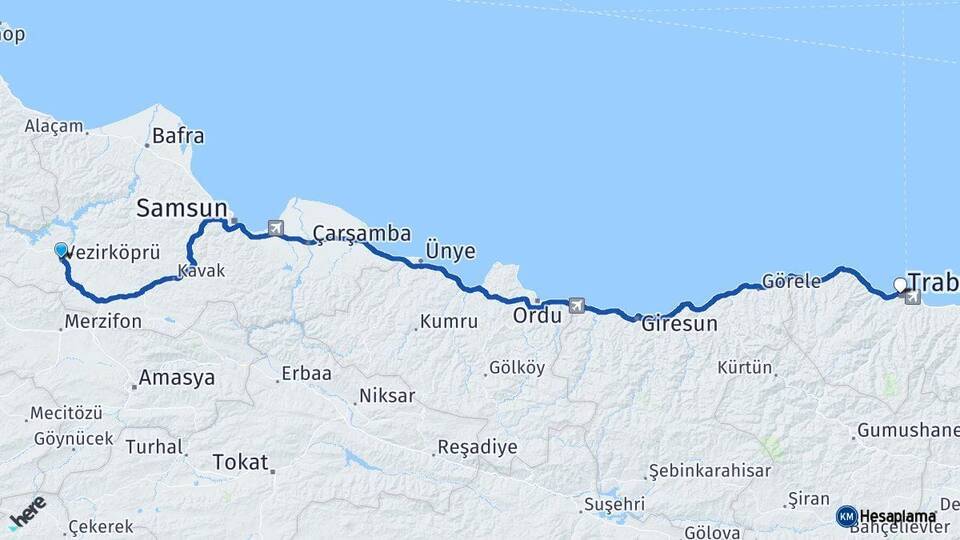 Samsun Vezirköprü Trabzon Arası Kaç Km - Yol Haritası