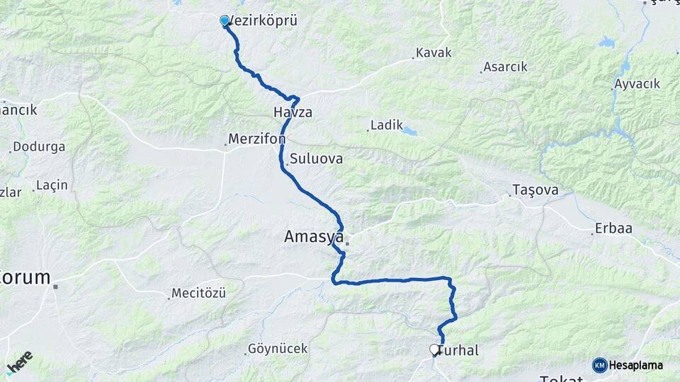 Samsun Vezirköprü Turhal Tokat Arası Kaç Km - Yol Haritası