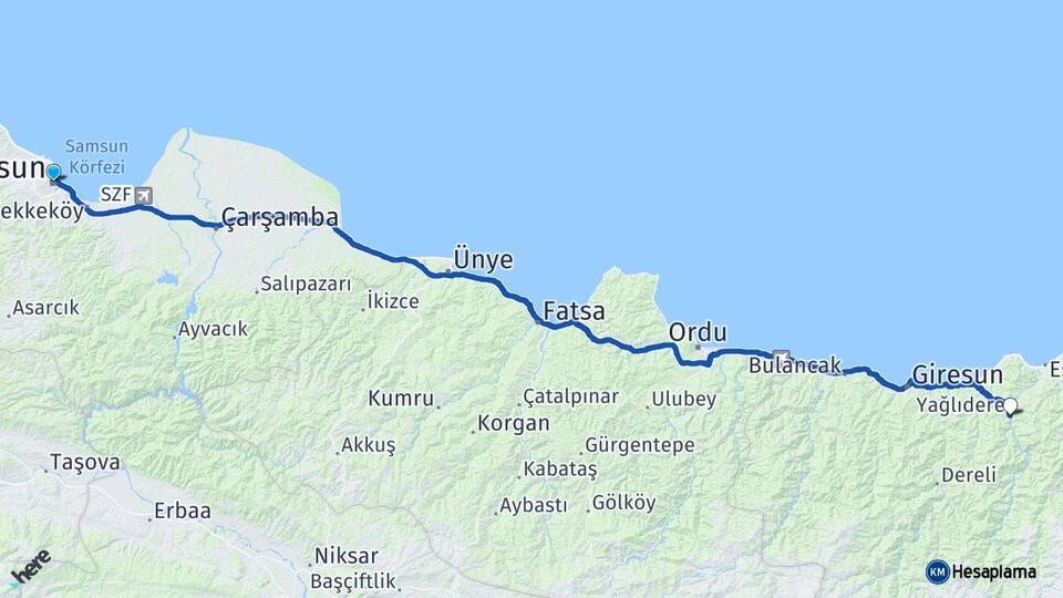 Samsun Yağlıdere Giresun Arası Kaç Km - Yol Haritası