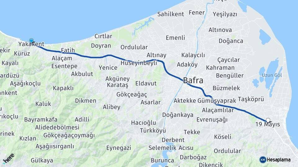 Samsun Yakakent 19 Mayıs Arası Kaç Km - Yol Haritası