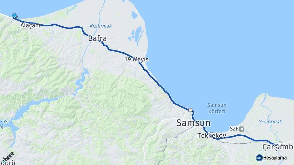 Samsun Yakakent Çarşamba Arası Kaç Km - Yol Haritası