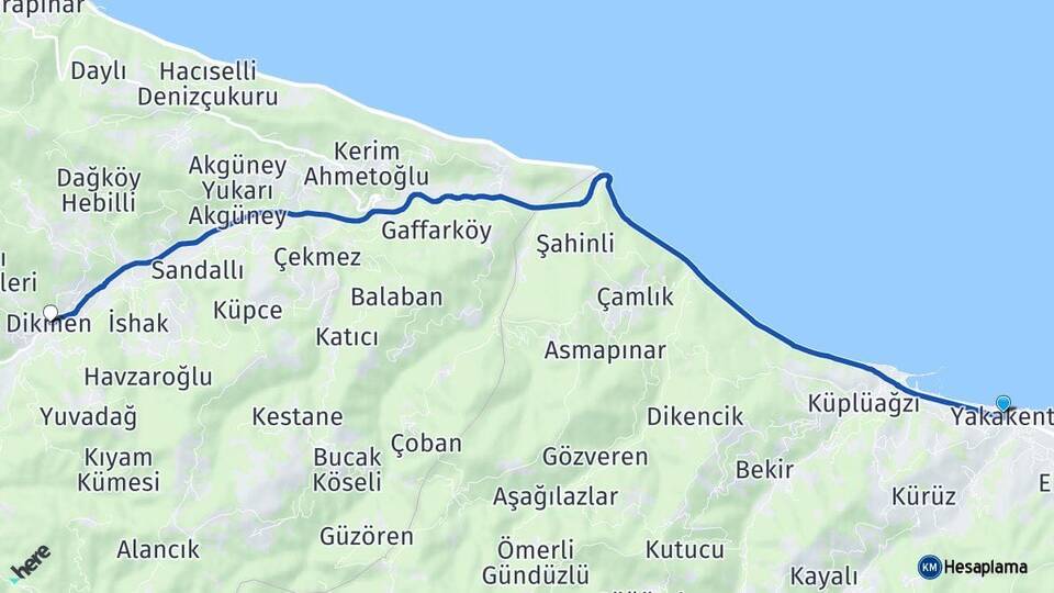 Samsun Yakakent Dikmen Sinop Arası Kaç Km - Yol Haritası