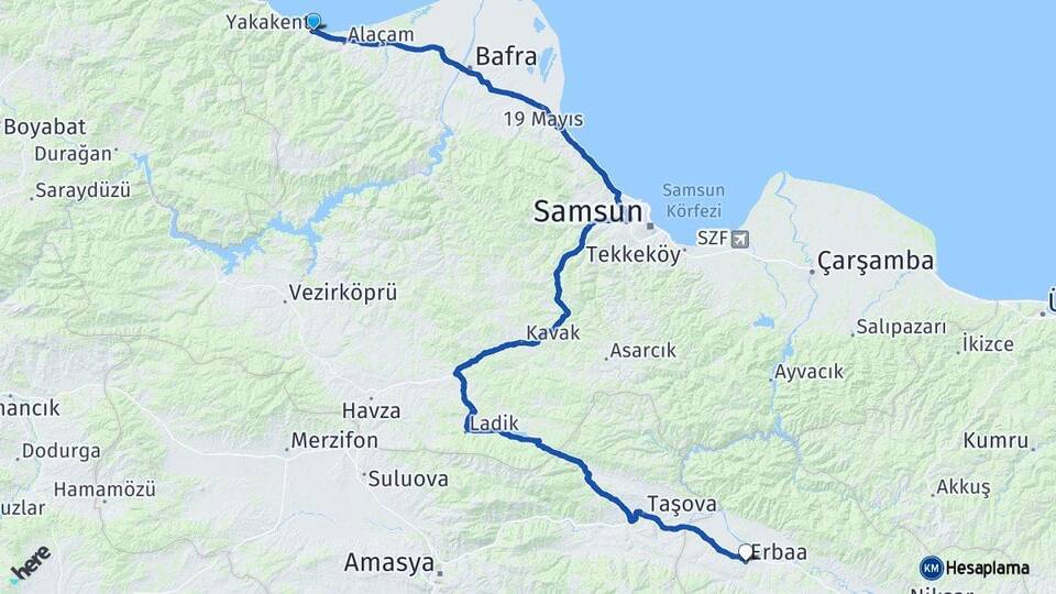 Samsun Yakakent Erbaa Tokat Arası Kaç Km - Yol Haritası