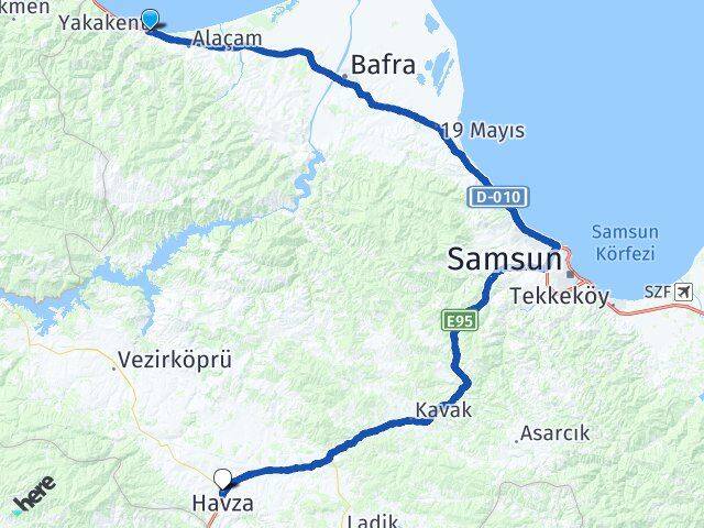 Samsun Yakakent Havza Arası Kaç Km - Yol Haritası