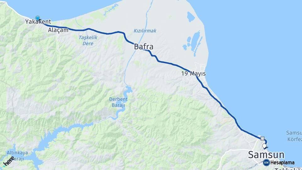 Samsun Yakakent İlkadım Arası Kaç Km - Yol Haritası