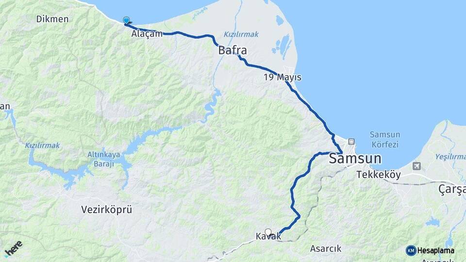 Samsun Yakakent Kavak Arası Kaç Km - Yol Haritası