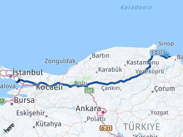 Samsun Yakakent Pendik İstanbul Arası Kaç Km - Yol Haritası