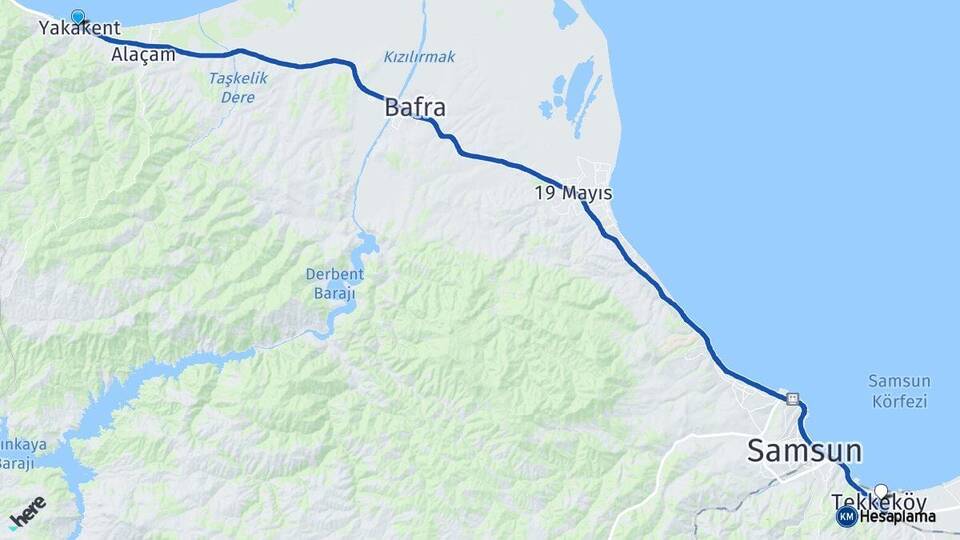 Samsun Yakakent Tekkeköy Arası Kaç Km - Yol Haritası
