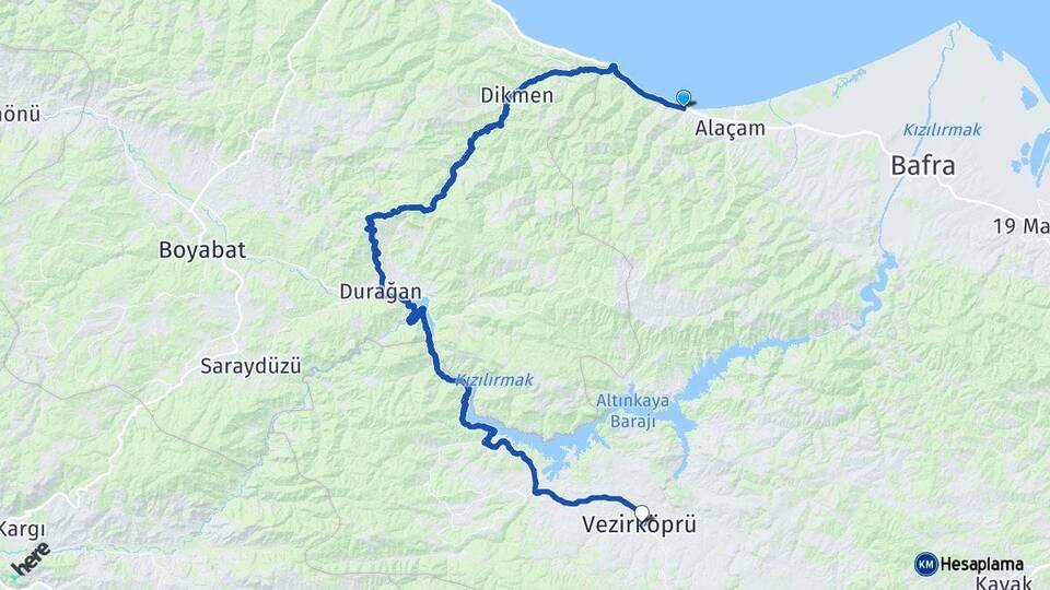 Samsun Yakakent Vezirköprü Arası Kaç Km - Yol Haritası