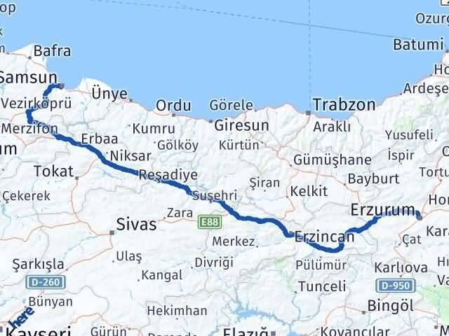 Samsun Yakutiye Erzurum Arası Kaç Km - Yol Haritası