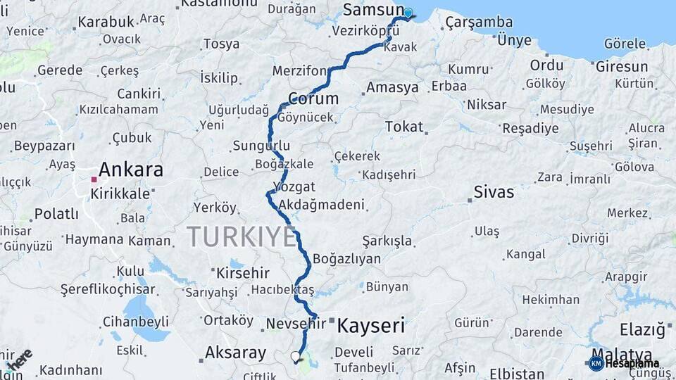 Samsun Yeşilhisar Kayseri Arası Kaç Km - Yol Haritası