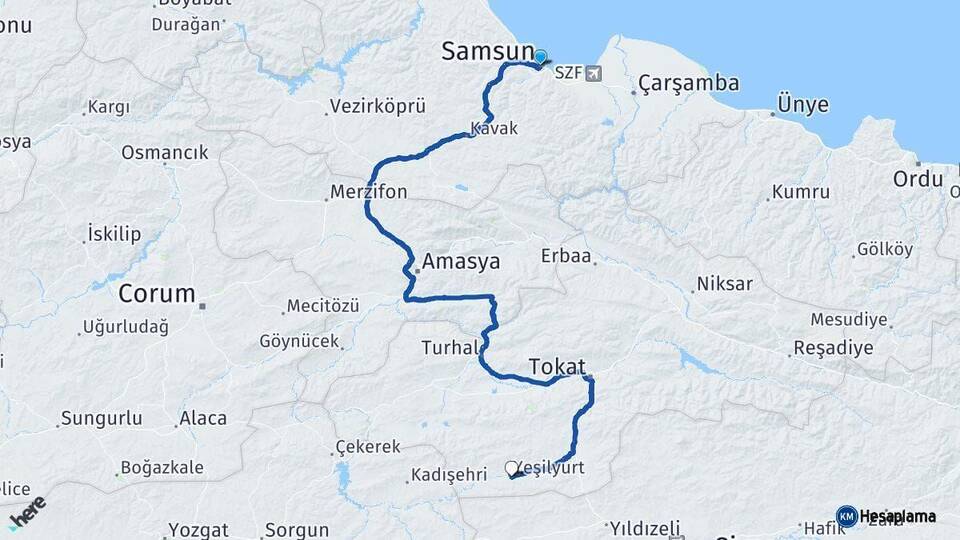 Samsun Yeşilyurt Tokat Arası Kaç Km - Yol Haritası