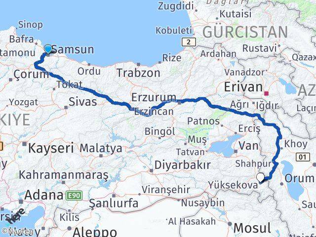 Samsun Yüksekova Hakkari Arası Kaç Km - Yol Haritası