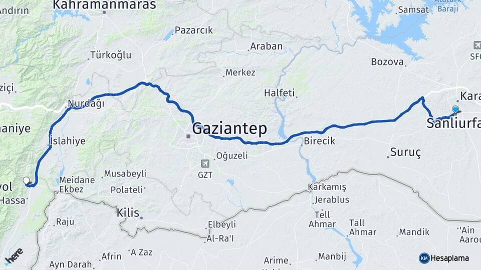 Şanlıurfa Akbez Hassa Hatay Arası Kaç Km - Yol Haritası