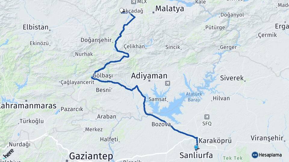 Şanlıurfa Akçadağ Malatya Arası Kaç Km - Yol Haritası
