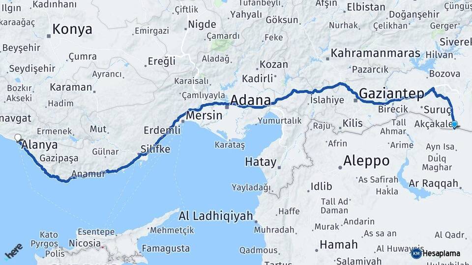 Şanlıurfa Akçakale Alanya Antalya Arası Kaç Km - Yol Haritası