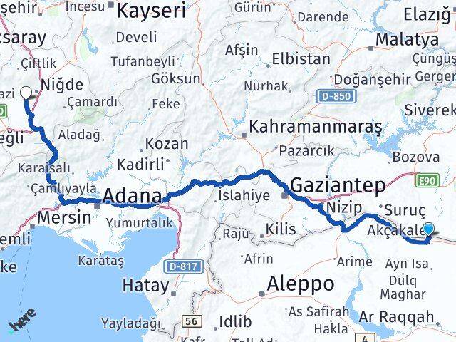 Şanlıurfa Akçakale Bor Niğde Arası Kaç Km - Yol Haritası