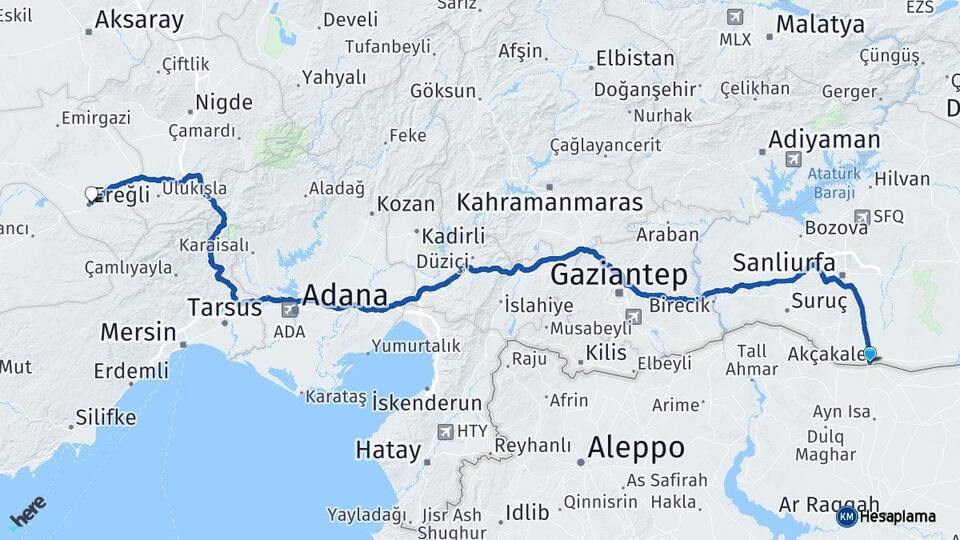 Şanlıurfa Akçakale Ereğli Konya Arası Kaç Km - Yol Haritası