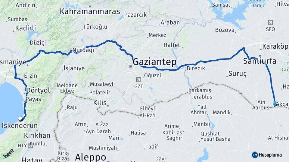 Şanlıurfa Akçakale İskenderun Hatay Arası Kaç Km - Yol Haritası