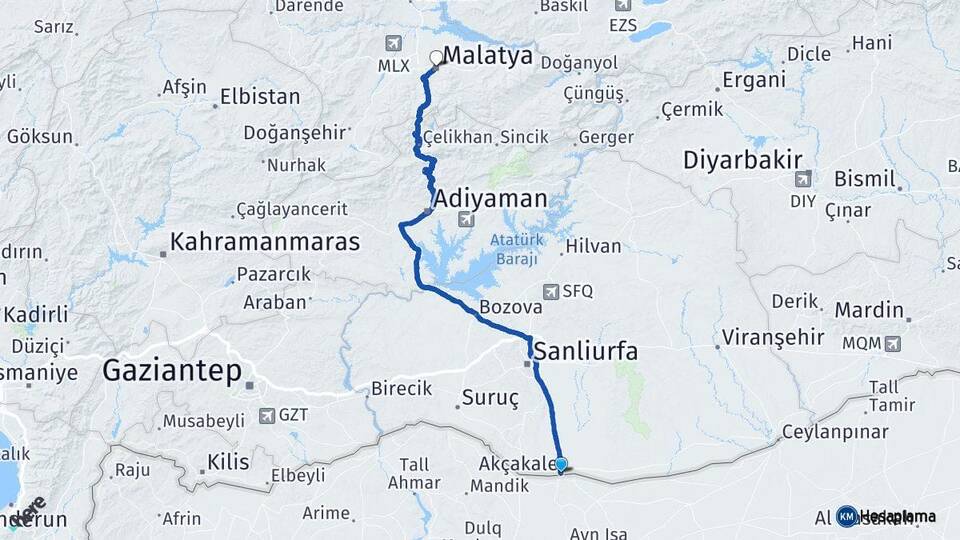 Şanlıurfa Akçakale Malatya Arası Kaç Km - Yol Haritası