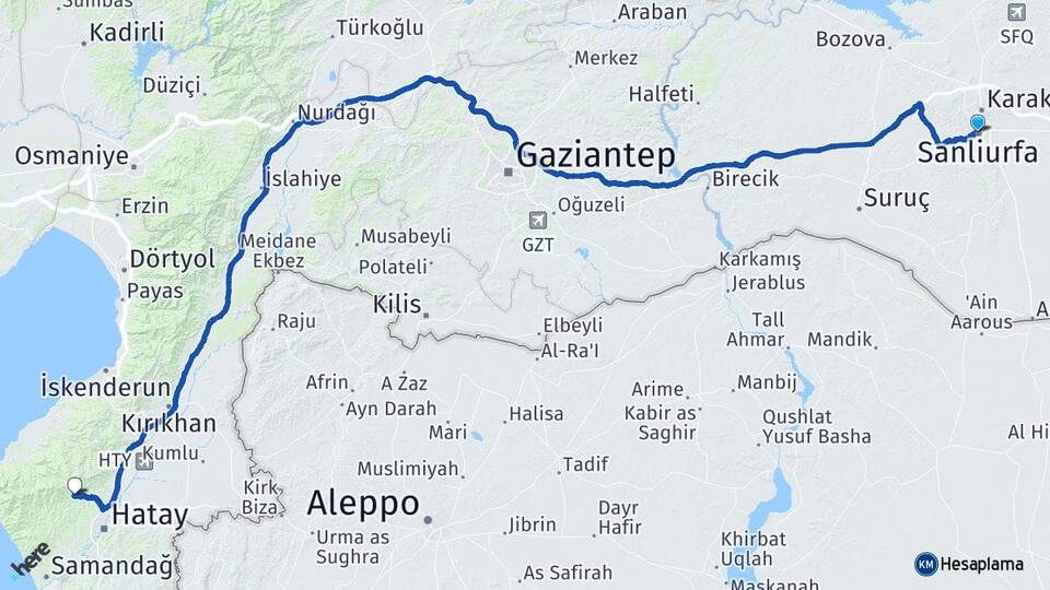 Şanlıurfa Antakya Hatay Arası Kaç Km - Yol Haritası