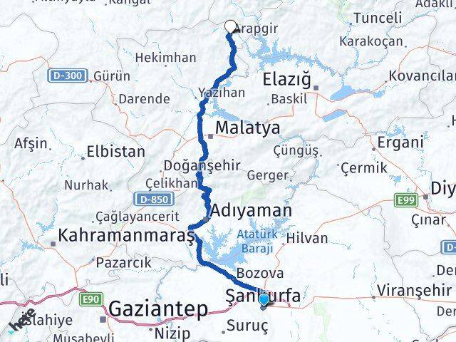 Şanlıurfa Arapgir Malatya Arası Kaç Km - Yol Haritası