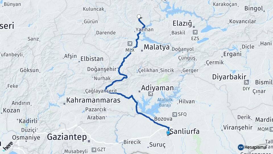 Şanlıurfa Arguvan Malatya Arası Kaç Km - Yol Haritası