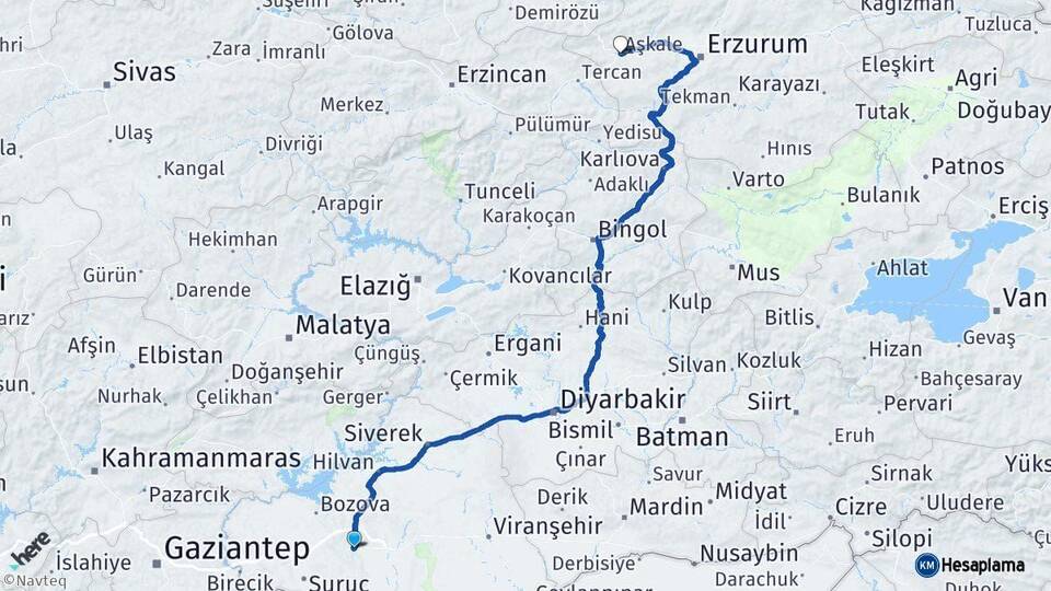 Şanlıurfa Aşkale Erzurum Arası Kaç Km - Yol Haritası