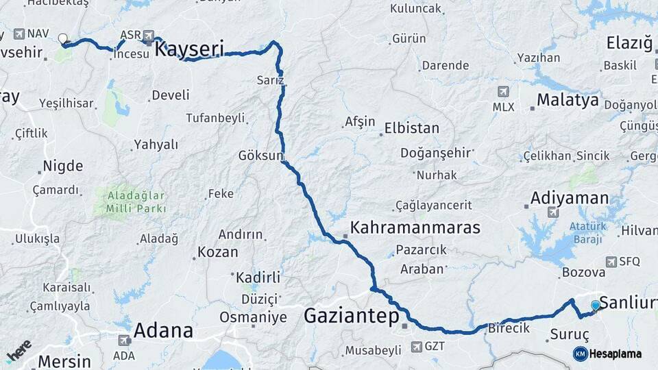 Şanlıurfa Avanos Nevşehir Arası Kaç Km - Yol Haritası