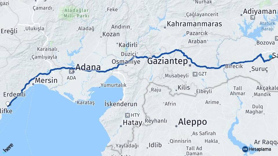 Şanlıurfa Ayaş Erdemli Mersin Arası Kaç Km - Yol Haritası