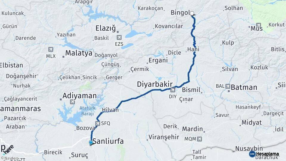 Şanlıurfa Bingöl Arası Kaç Km - Yol Haritası