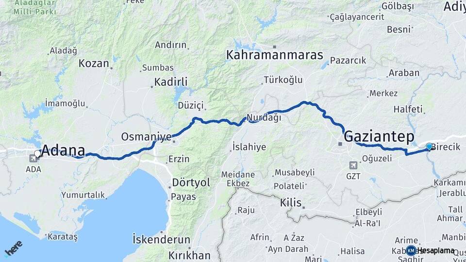Şanlıurfa Birecik Adana Arası Kaç Km - Yol Haritası