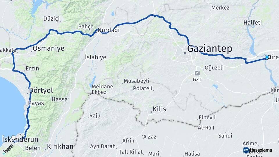 Şanlıurfa Birecik Arsuz Hatay Arası Kaç Km - Yol Haritası