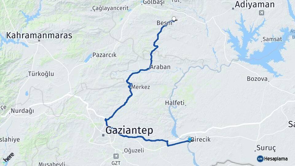 Şanlıurfa Birecik Besni Adıyaman Arası Kaç Km - Yol Haritası