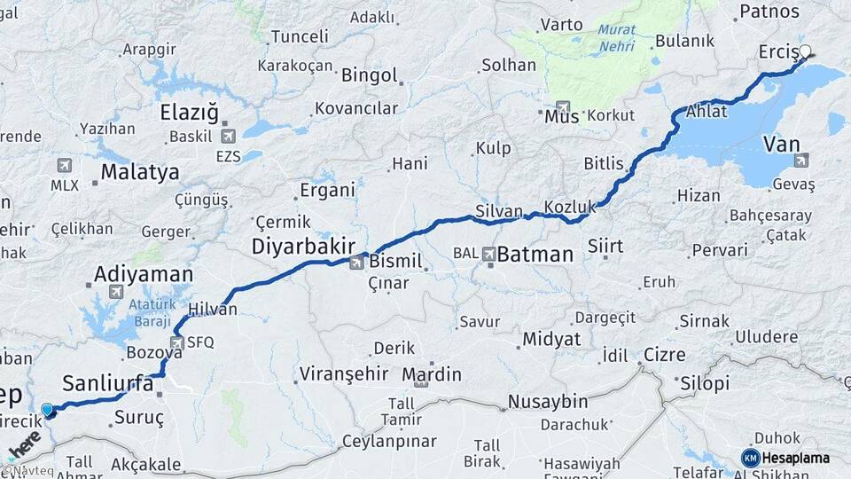 Şanlıurfa Birecik Erciş Van Arası Kaç Km - Yol Haritası