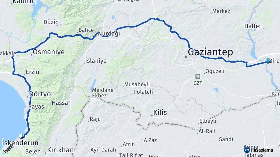 Şanlıurfa Birecik İskenderun Hatay Arası Kaç Km - Yol Haritası