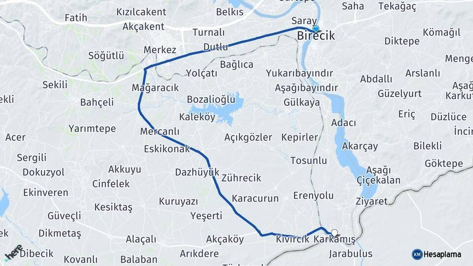 Şanlıurfa Birecik Karkamış Gaziantep Arası Kaç Km - Yol Haritası