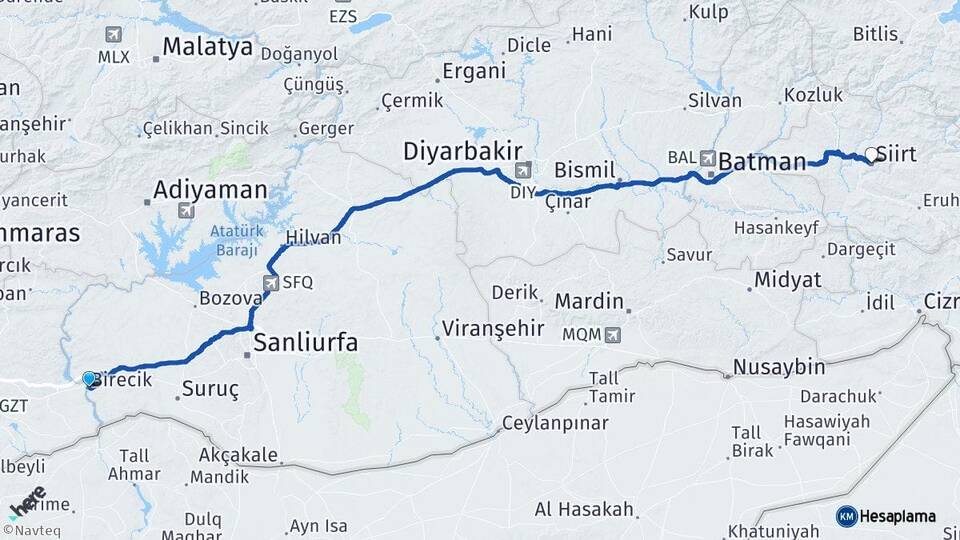 Şanlıurfa Birecik Siirt Arası Kaç Km - Yol Haritası