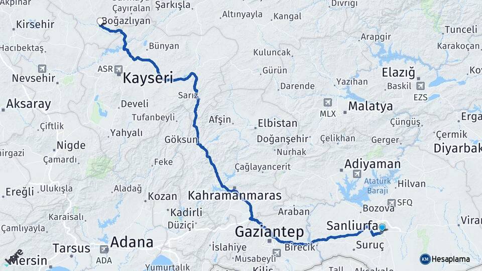 Şanlıurfa Boğazlıyan Yozgat Arası Kaç Km - Yol Haritası