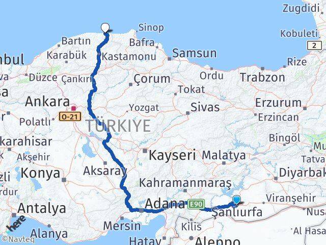 Şanlıurfa Bozkurt Kastamonu Arası Kaç Km - Yol Haritası