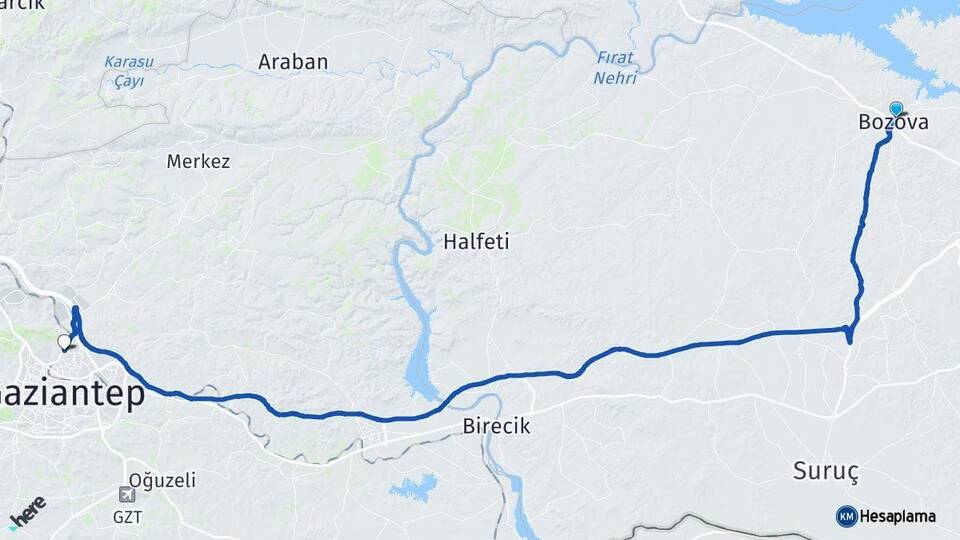 Şanlıurfa Bozova Gaziantep Arası Kaç Km - Yol Haritası