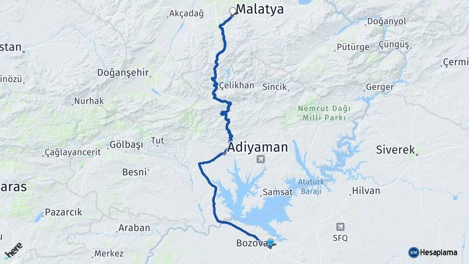 Şanlıurfa Bozova Malatya Arası Kaç Km - Yol Haritası