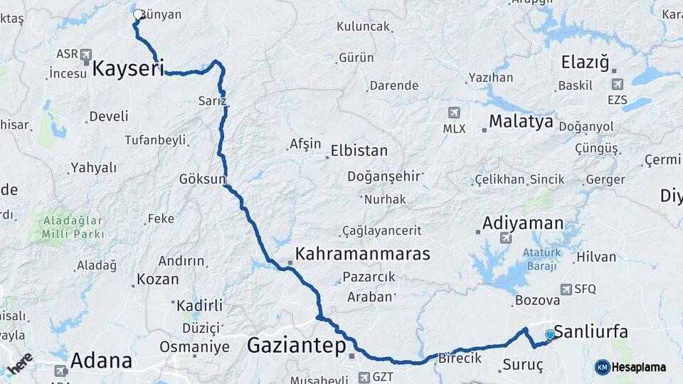 Şanlıurfa Bünyan Kayseri Arası Kaç Km - Yol Haritası