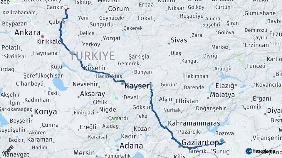 Şanlıurfa Çankırı Arası Kaç Km - Yol Haritası