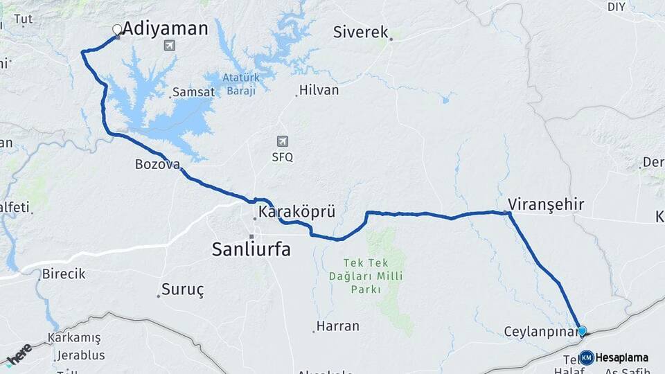 Şanlıurfa Ceylanpınar Adıyaman Arası Kaç Km - Yol Haritası