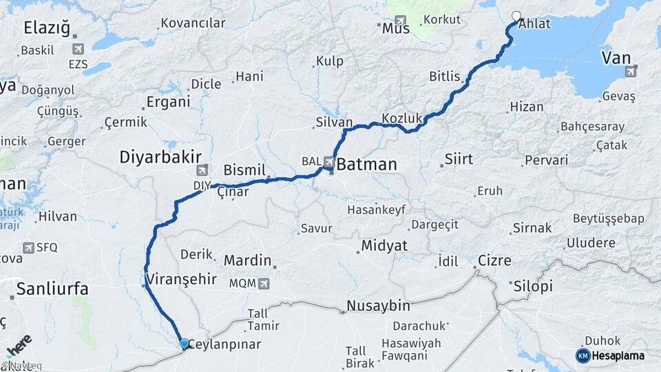 Şanlıurfa Ceylanpınar Ahlat Bitlis Arası Kaç Km - Yol Haritası